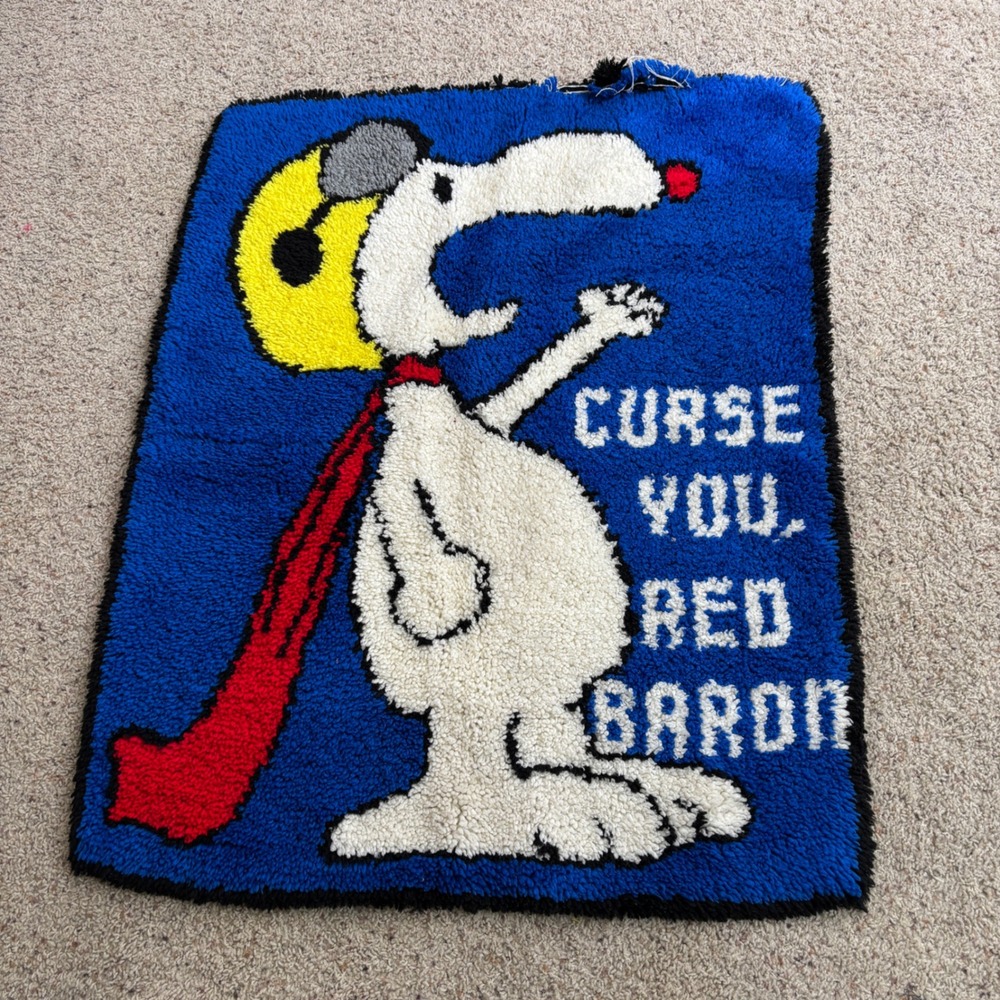 Vintage Snoopy Curse You Red Baron Latch Hook Rug Wall Hanging Blue‎ Peanuts SEE